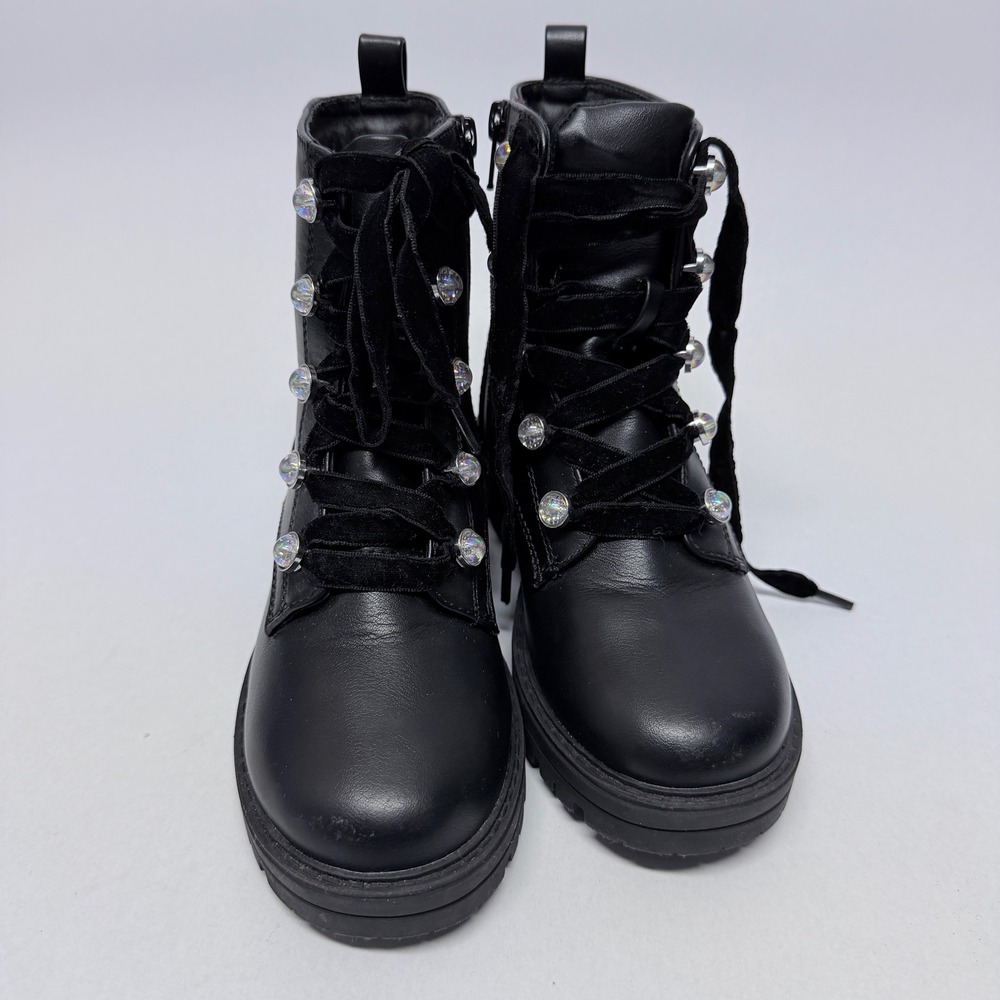 Art Class Girls Black Combat Boots Velvet Laces Crystal Eyelets Size 1 - Picture 2 of 10